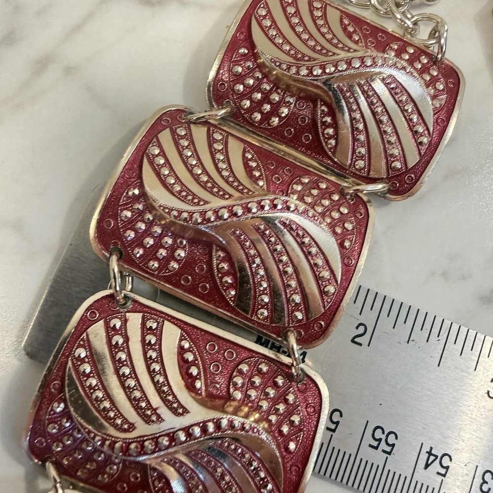 Vintage West Germany Eloxal Modernist Panel Bracelet Aluminum Pink Enamel - Picture 8 of 8